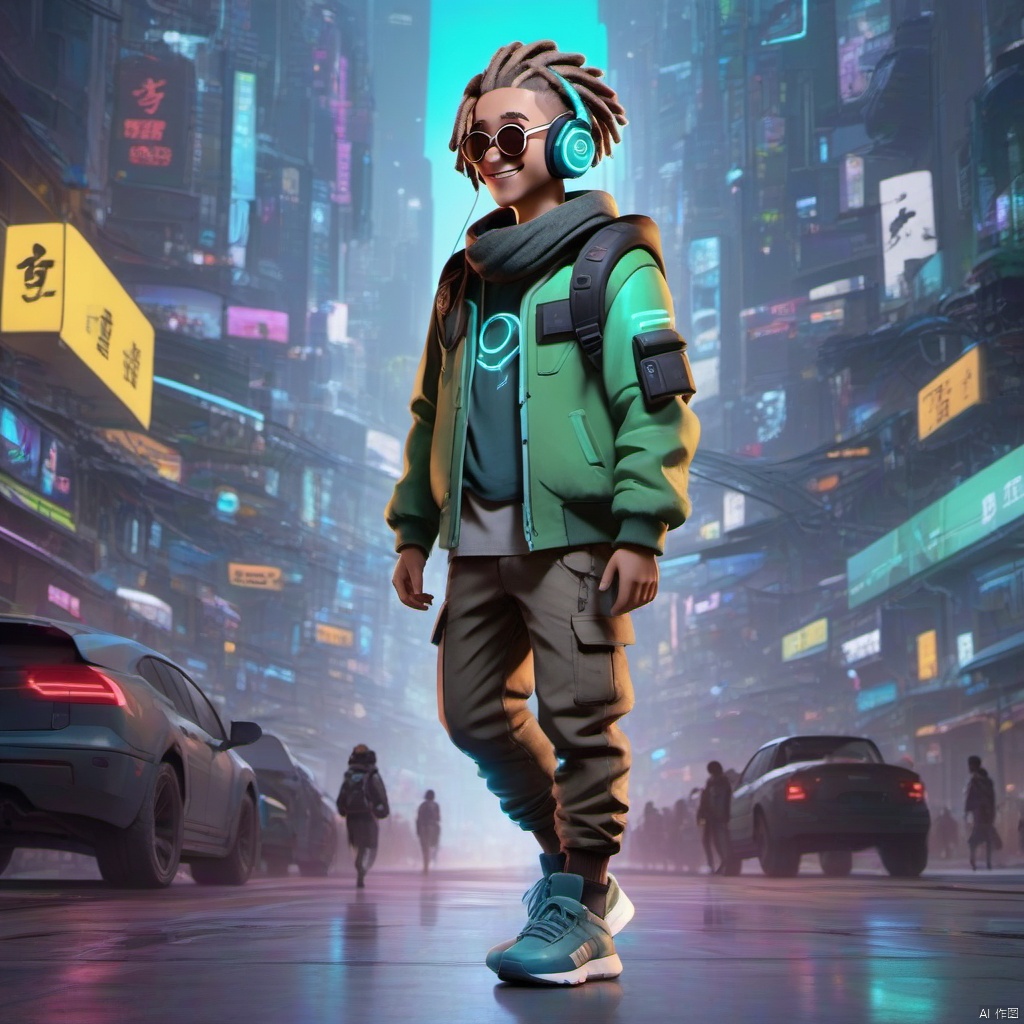  ,,(full body:2),solo,smile,front view,short_hair,1boy,jacket,luminous led arm,the ground reflects human shadows,sneakers,green jacket,from side,closed_eyes,male_focus,outdoors,glasses,teeth,bag,scarf,grin,headphones,backpack,city,dreadlocks,cyan_hair,sunglasses,ground_vehicle,building,motor_vehicle,cyberpunk,cyberpunk clothes,growing clothes,there is glowing led decorations in the middle of the hair,(full body:2),smile.short_hair,1boy,grin,headphones,dreadlocks,brown_hair,sunglasses,teech,luminous led arm,the ground reflects human shadows,sneakers,led screen,there is a glowing led logo on the clothes,there are glowing led tubes on the clothes,glowing clothes,very dense and numerous led light-emitting tubes on the clothes,future style clothing,