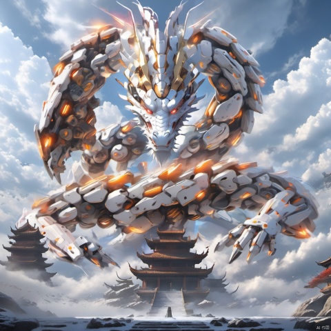  8k,High quality,high quality,morning sunshine,glowing body,mechanical joint,orange led light,high detailed mecha,high-precision mecha,mecha,exoskeleton mechanical armor,red eyes,outdoors,horns,sky,growing joint,day,cloud,blue sky,no humans,glowing,cloudy sky,scenery,eastern dragon,pagoda,building,flying,jet device,high detailed,white mecha,HD,black joint,,a mecha dragon,