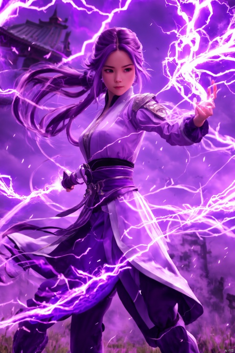 purple-lightning-aura,using purple-lightning-magic,purple-lightning-magic,ancient-costume,dancing,fighting stance,1girl,solo,long hair,brown hair,,purple-aura