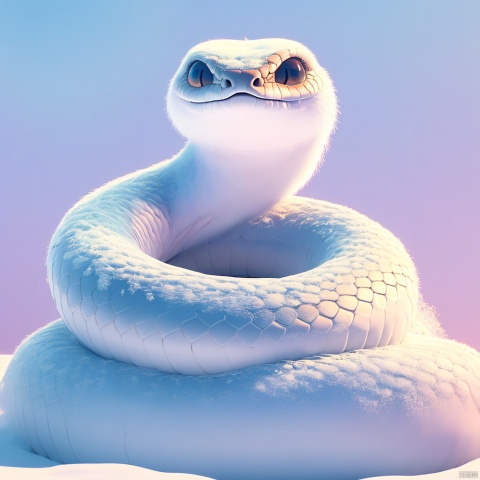  sishe, snake, cute, cc-color-correction, mf-movie-filter, warm colors, whimsy and dramatic lighting, white fur, soft lighting, fluffy, scales, white snake, snake focus, blue theme, blue background, no humans, close-up, simple background, day, looking at viewer, outdoors, oversized animal, snow, sky,