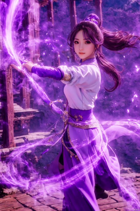 purple-aura,using purple-magic,purple-magic,ancient-costume,dancing,fighting stance,1girl,solo,long hair,brown hair,,