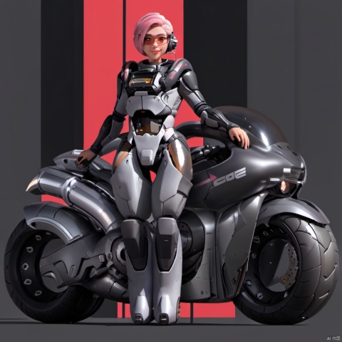  ,lida, 1girl, solo, wearing a futuristic armored suit, transparent and pink goggles, headset with microphone, looking at viewer, smile, short hair, armor, lips, ground vehicle, motor vehicle, science fiction, motorcycle, cyborg, power armor, standing, full body, brown eyes, bodysuit, breastplate, a female character with pink hair and wearing a futuristic armored suit, she stands next to a sleek, dark-colored motorcycle, the suit is predominantly gray with some silver and black accents, the character has a badge or emblem on her chest, and she's holding onto the handlebars of the motorcycle, the background is a bold red and black diagonal stripe, female character, futuristic armored suit, suit is primarily gray with silver and black accents, badge or emblem on her chest, background consists of a bold red and black diagonal stripe