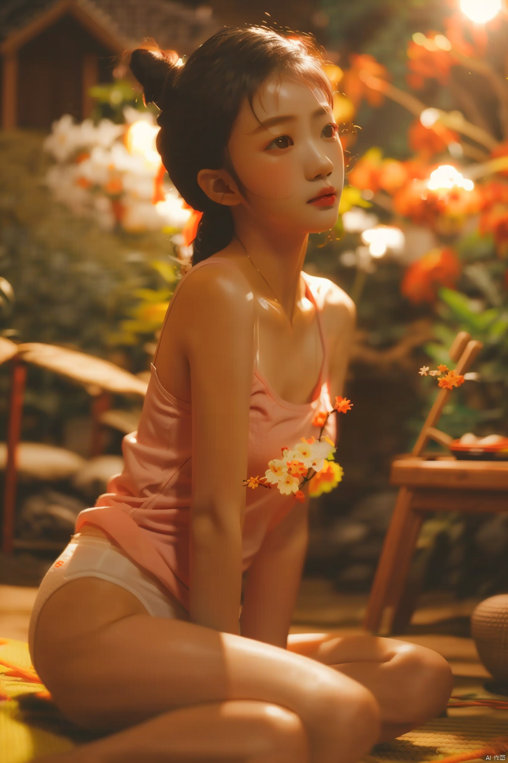  1girl,cc-color-calibration,ff-film-filter,fs-film-style,xiayenanmian,ssn-sleepless-summer-nights,pink camisole,essential oils,sweat,blurry background,depth of field,, cc-color-calibratio