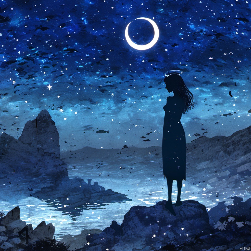  ,The image portrays a serene nighttime scene with a silhouette of a female figure standing on a rocky terrain. She has a halo around her head, suggesting a celestial or ethereal nature. The sky is filled with stars, and there's a crescent moon visible in the top right corner. Above her, there are fish swimming in the vast expanse of the cosmos. The entire scene is bathed in a deep blue hue, giving it a dreamy and otherworldly ambiance., serene nighttime scene, silhouette of a female figure, halo around her head, stars, crescent moon, rocky terrain, fish swimming, deep blue hue