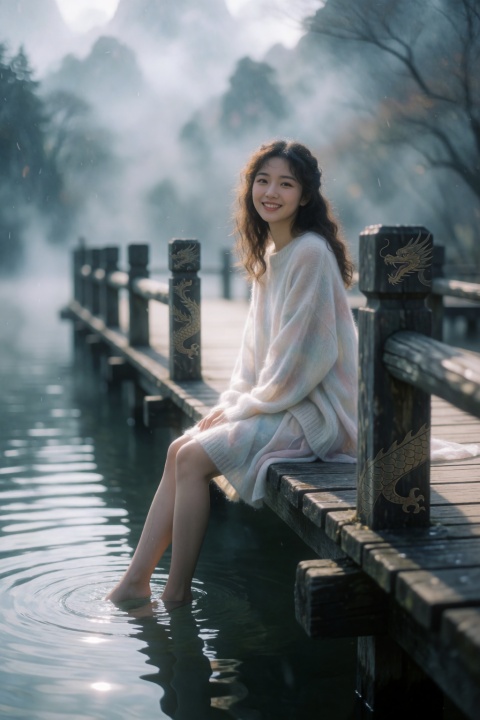 Dark tones, fantasy art, professional digital works. High quality, masterpiece level, movie-level texture, incorporating Chinese elements. A young Asian woman is sitting on the wooden pier by the lake, her feet dangling above the water, showing a gentle smile, and looking at the camera. Wearing a loose sweater in pastel colors, her soft curly hair falls on her shoulders. Being in a global hazy and blurry environment, showing dynamic blur, edge blur effect, pastel white tone, white light atmosphere, , out-of-focus feeling, , , strong perspective, diffuse bloom, , hazy aesthetics hazy aesthetic composition exaggerated surreal composition exaggerated surreal hazy aesthetic hazy aesthetic composition exaggerated composition surreal exaggerated surreal
