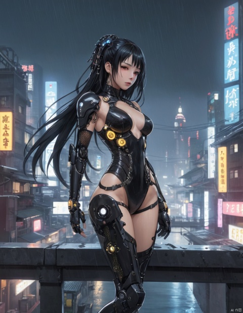 1girl, jinsoyun, black hair, long hair, cyborg, mechanical parts, mechanical limbs, cyberpunk, black bodysuit, shoulder armor, fishnet, single gauntlet, bracelet, city background, neon lighting, expressionless, night, rain 