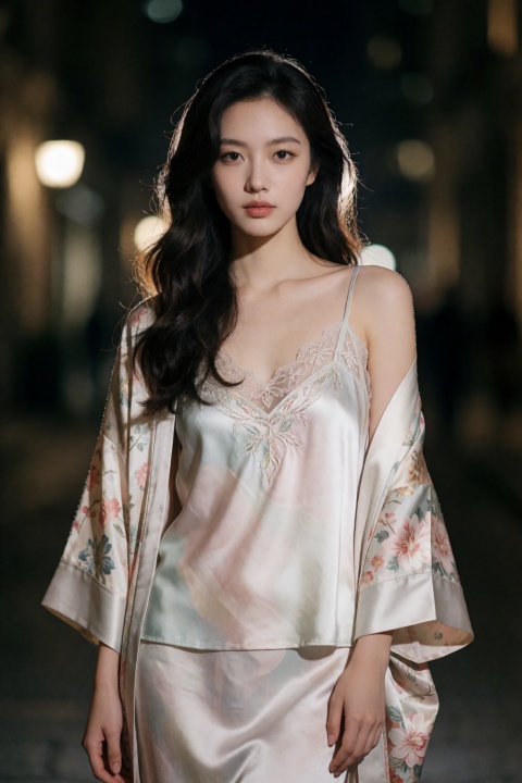 ,ultra realistic editorial portrait of a young woman (use uploaded image as face reference), standing outdoors at night in a refined urban setting, playful yet rebellious pose, soft natural beauty, long wavy dark hair styled effortlessly, natural glowing skin with high-end editorial makeup
wearing a luxury pastel silk camisole with fine embroidery, layered with a designer floral kimono-inspired robe, high fashion styling, sophisticated, modern elegance, soft fabric movement, premium textures
lighting: professional fashion lighting, soft diffused key light, subtle rim light highlighting hair and silhouette, balanced shadows, clean highlights, studio-quality lighting blended with ambient night atmosphere
background: blurred city lights with creamy bokeh, cinematic depth of field, upscale night ambiance, minimal distractions, focus on subject
composition: magazine cover style, centered framing, medium shot, 85mm lens, shallow depth of field, symmetrical composition, editorial balance
photography style: high fashion photography, RAW, ultra detailed skin texture, sharp focus, 8k resolution, luxury magazine aesthetic, clean color grading, soft warm tones