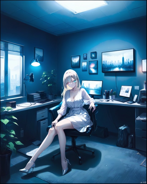 ((a beautiful woman in a office, cross_leg sitting on desk, 
High heel, dark gray and white color Palette, urban city  window view)), 
modern interior design, cyberpunk, 
Recliner|Dressing table|Table lamp|Screen|Monitor|Signboard_Details,
Metal|Glass|Leather|Textiles|Carpet|Pillow_Texture,
perfect blonde hair, 
(modern photo, fashion dress up:1.1), 24mm, (analog, cinematic, film grain, hazy atmosphere, detailed eyes, (seductive), (epicPhoto), (looking at viewer), (cinematic shot:1.3),
great lighting, extremely detailed, zoya, happy, impressionist painting, office