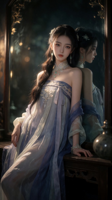 Dark tones, fantasy art, professional digital works. High quality, masterpiece level, movie-level texture, incorporating Chinese elements. A beautiful girl, who is a professional photography model, leans on something and shows the temperament of a classical beauty. She is alone in the mirror, with a delicate and beautiful face, charming eyes, fair and delicate skin, exquisite facial features and flowing long hair. She has exquisite makeup, plump breasts, and wears Hanfu (Chinese style), which is a strapless style with light and sheer fabrics, and she also wears exquisite accessories. Her posture is elegant and natural.