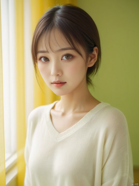  japanese woman, close-up, soft lighting,white sweater,red_eyes ,big breasts,see-through curtain, bright yellow room,Green eye shadow,eyes focus