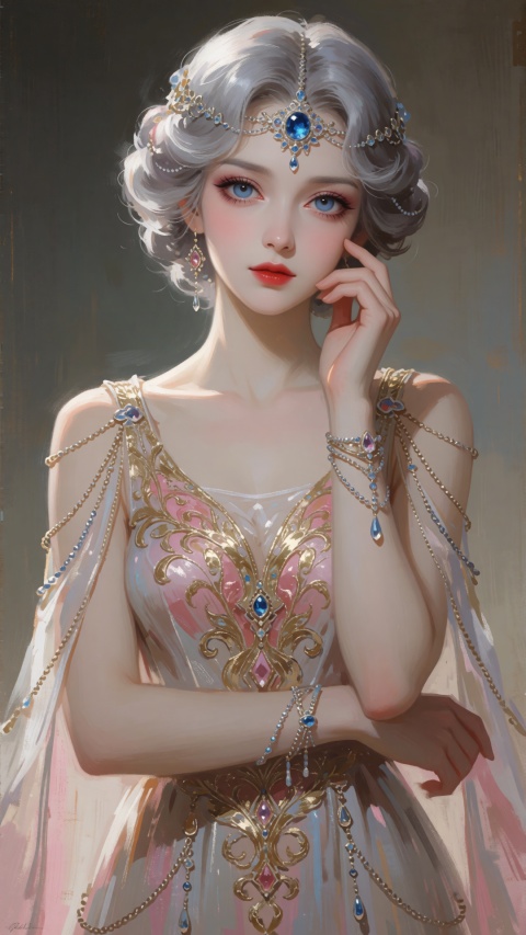 ,this is a digital painting of a fair-skinned, elegant woman with a delicate, ethereal appearance, she has short, wavy, silver-gray hair adorned with an ornate, jeweled headpiece that features a central blue gem, her eyes are large and blue, with subtle pink eyeshadow and long, dark eyelashes, she has full, red lips and a small, straight nose, her skin is smooth and pale, with a slight blush on her cheeks,

she is dressed in an elaborate, sleeveless gown with intricate, gold and pink embroidery that covers her chest and extends down her torso, the gown is semi-transparent, revealing a hint of her pale skin beneath, she wears multiple delicate chains and jewelry that drape over her arms and shoulders, adding to her regal appearance, her left hand is raised to her face, with her fingers lightly touching her cheek, while her right arm is crossed over her body, resting on her left arm,


