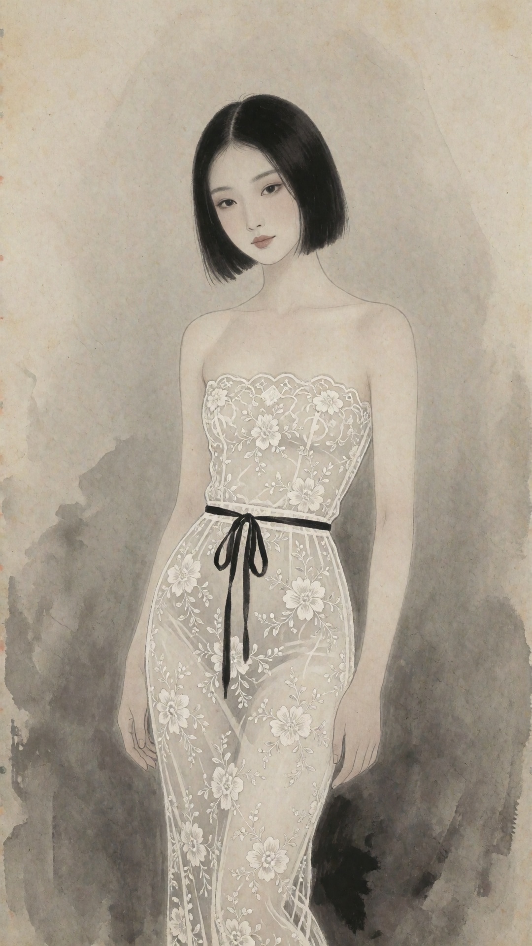 This is a traditional Chinese ink painting in the gongbi style,  drawn on old rice paper. The colors use soft mineral pigm...