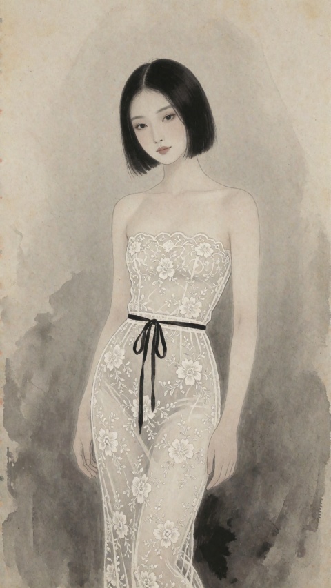 This is a traditional Chinese ink painting in the gongbi style, drawn on old rice paper. The colors use soft mineral pigments.
A beautiful young East Asian woman with a realistic body posture, standing. She has a delicate oval face and a gentle expression, and has short black straight bob hair. Her figure has an hourglass shape, with plump and voluptuous breasts**. She wears a tight-fitting, translucent white lace skirt** that tightly wraps her curves and outlines her breasts and waist**. The skirt has delicate floral embroidery and a thin black ribbon tied around the waist.低对比高级灰,。