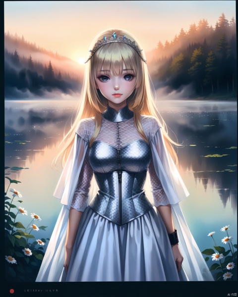 the lady of the lake, beautiful blonde woman, flowing white satin dress, intricate chainmail corset, delicate daisies in hair [tiara:0.5], (full-length portrait), ethereal, (mist), fog, detailed, detailed face, cinematic quality, photo-realistic, sunset, wistful, 24mm lens, leica, HDR, (film grain), kubrick, arthurian legend   zavy-lghttrl