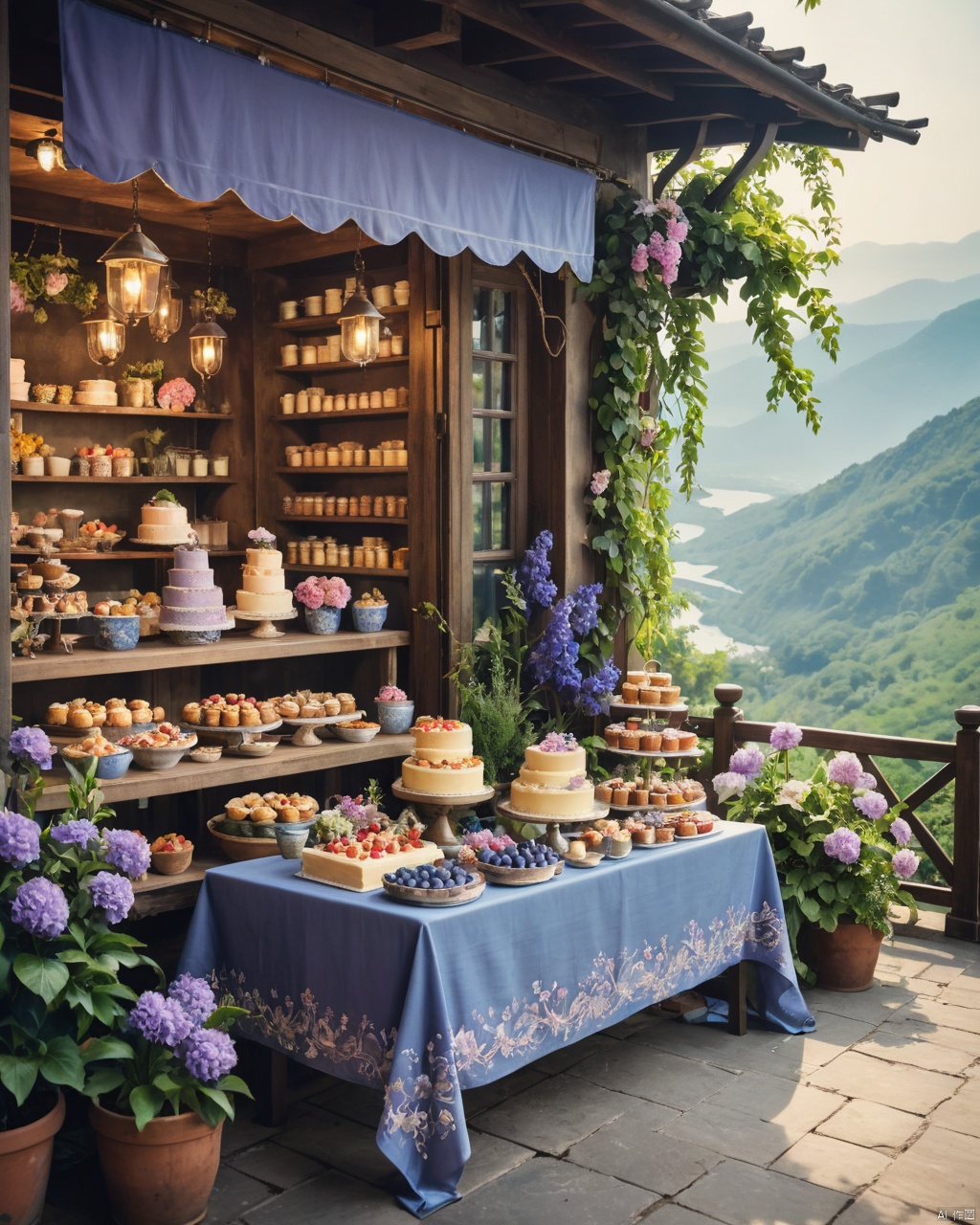 An ethereal fantasy concept art of a cakewalk, where the boundaries between worlds blur and end in dramatic contrasts. The foreground features an intricately designed pale palette, blending shades of indigo with violet, reflecting off tranquil peaks nestled amidst lush greenery and vibrant flowers. A rustic yet elegant table laden with delectable treats stands beside a food stand, its , 2000s vintage RAW photo, photorealistic, film grain, candid camera, color graded cinematic, eye catchlights, atmospheric lighting, imperfections, natural, shallow dof, High level of detail to create a photographic-like image, focusing on lighting, realistic textures, hyperdetailed.