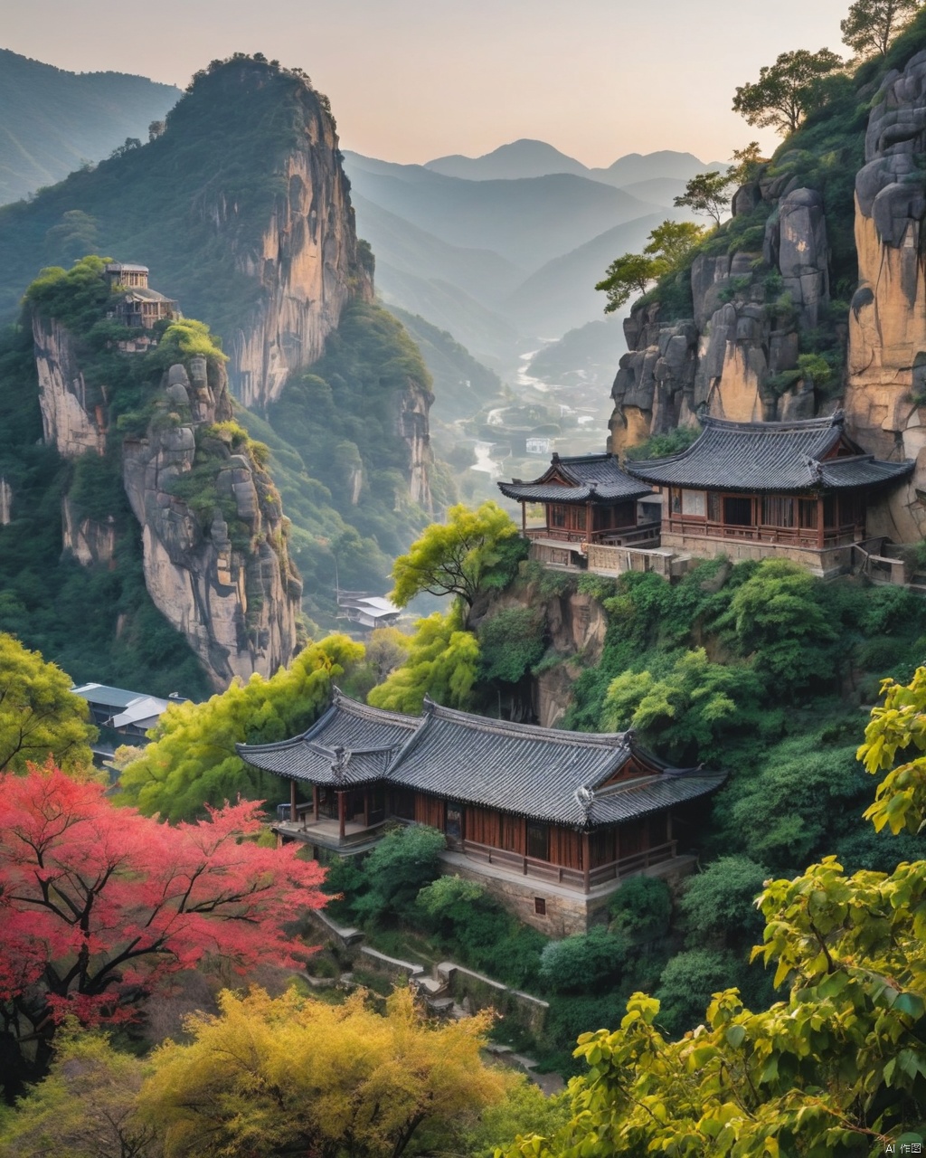 A peaceful countryside morning in the midst of snowflakes, where lush plants flourish amidst towering cliffs and trees. Cultural scenes surround a clusterfoto temple on an abandoned hill with colorful vines cutting through stone formations toï¿½ï¿½ light up this natural spring sky as it rises above mountainside valleys like misty cascades by nightfall. A quaint cabin overlooks rolling hills overlooking shallow d , 2000s vintage RAW photo, photorealistic, film grain, candid camera, color graded cinematic, eye catchlights, atmospheric lighting, imperfections, natural, shallow dof, High level of detail to create a photographic-like image, focusing on lighting, realistic textures, hyperdetailed.