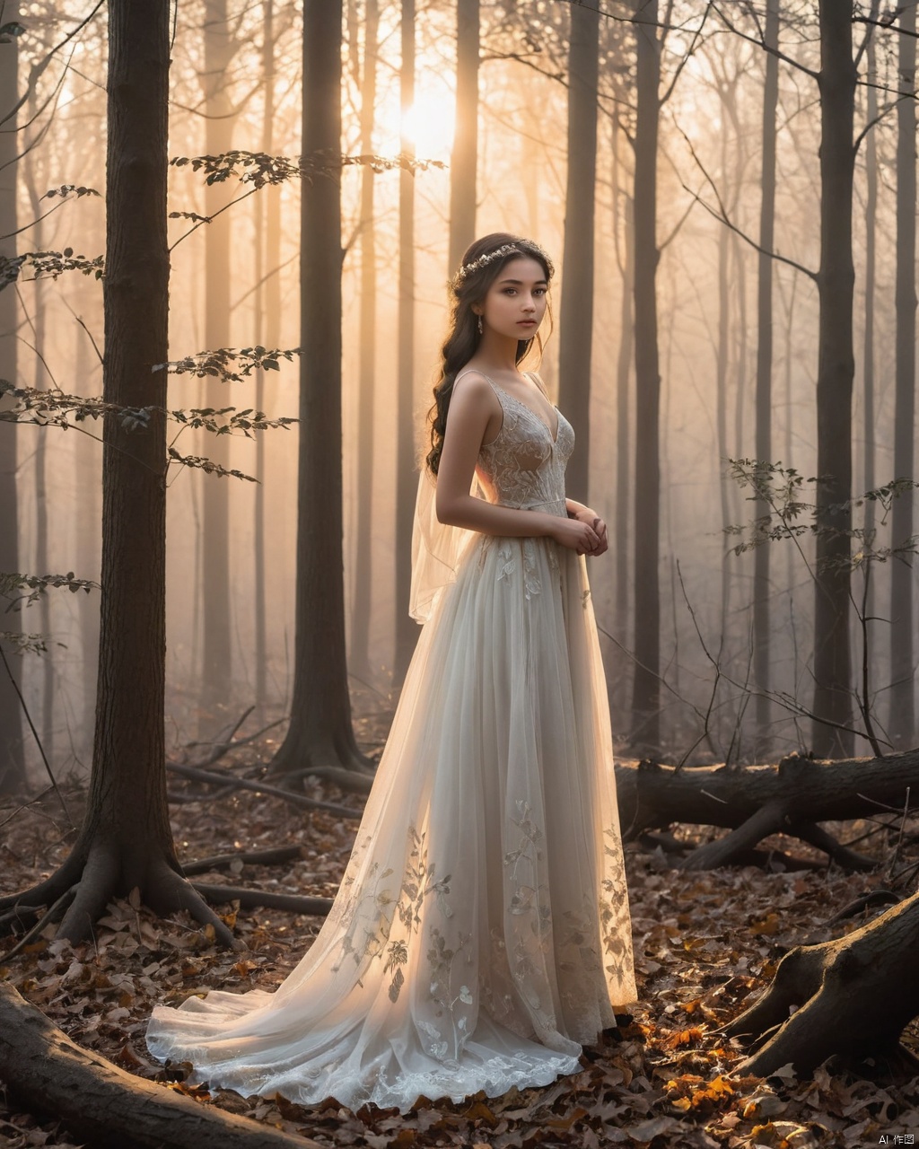 A hauntingly beautiful full-body Portrait of a beautiful 18-year-old girl, radiating seductive charm and poise. 
The woman's enigmatic gaze captivates the viewer as she stands amidst a misty, enchanting forest. The sun casts a breathtakingly beautiful sunset hue over the scene, creating a perfect contrast of light and darkness. The artist's painstaking attention to details brings the forest alive, with each leaf, branch, and ray of light meticulously rendered.