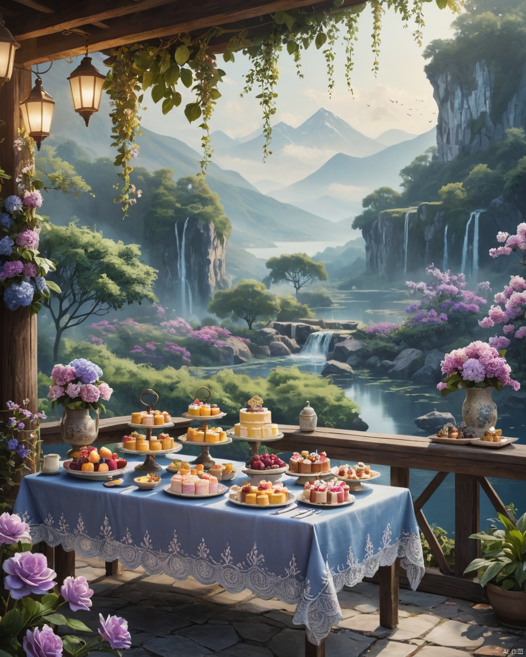 An ethereal fantasy concept art of a cakewalk, where the boundaries between worlds blur and end in dramatic contrasts. The foreground features an intricately designed pale palette, blending shades of indigo with violet, reflecting off tranquil peaks nestled amidst lush greenery and vibrant flowers. A rustic yet elegant table laden with delectable treats stands beside a food stand, its , 2000s vintage RAW photo, photorealistic, film grain, candid camera, color graded cinematic, eye catchlights, atmospheric lighting, imperfections, natural, shallow dof, High level of detail to create a photographic-like image, focusing on lighting, realistic textures, hyperdetailed.