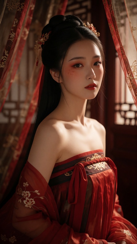 ,Award-winning photography, visual storytelling, extremely aesthetic, guofeng grandeur.
Core elements: Hasselblad 16-bit color depth, soft diffused light, a Chinese historical beauty in a Tang dynasty brothel.
Details: Refined, dewy skin texture, resembling warm jade or fine porcelain, delicate and smooth. Seductive yet melancholic gaze, expressive eyes looking directly at the camera, dramatic and dynamic perspective. Strapless silk Hanfu, effortlessly luxurious, subtly revealing the elegant curve of the neck and shoulders, heavy rouge makeup, Chinese traditional imagery.
Atmosphere: A masterful interplay of light and shadow, traditional wooden architecture, flowing sheer curtains, deep red and dark gold color palette, capturing a fleeting enchanting moment. Perfect composition, supplementary lighting creating a three-dimensional facial structure. 4K, Ultra HD, realistic yet dreamlike.