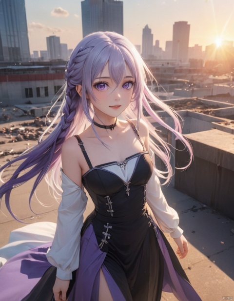1girl, solo, dutch angle, falling, building, broken glass, lens flare, sunset, purple eyes, ground vehicle, purple hair, white hair, very long hair, multicolored hair, hair between eyes, looking at viewer, evil grin, black dress, bare shoulders, detached sleeves, twin braids, film grain, light and shadow, detailed lighting, aesthetic, amazing quality, 
