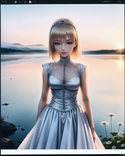 the lady of the lake, beautiful blonde woman, flowing white satin dress, intricate chainmail corset, delicate daisies in hair [tiara:0.5], (full-length portrait), ethereal, (mist), fog, detailed, detailed face, cinematic quality, photo-realistic, sunset, wistful, 24mm lens, leica, HDR, (film grain), kubrick, arthurian legend   zavy-lghttrl
