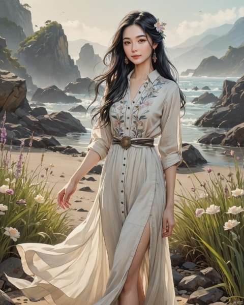 full length over the shoulder image of a 50 years old lady with long black hair and a lustful smile on her face, alluring pose, wearing a long button-up linen dress, pov, realistic, dutch pose, (2\3 rule composition:0.5)masterpiece,detailed hyperrealism, grainyperfecteyes, pureerosface_v1, woman, pov, perfecteyes, realistic,Craig Mullins,Jon Burgerman,geof darrow,jean-baptiste monge style , art by android jones,8k, (art style of and Bahgat Osman:1.2), Luis Royo, Carne Griffiths, Todd McFarlane, wonderful pastel colored Utopia by by android jones,8k, Andy Kehoe,Yoshikata Amano, Ismail Inceoglu, Russ Mills, Victo Ngai, Bella Kotak, intricately hyperdetailed, light reflection, luminous color,,grass,sand and stones on the ground,(small debris, stones, and flowers:1.1),clear sky,, blurred smokey background of a fairy-tale fantasy landscape,volumetric fog,smoke,haze,rust,epic,shallow depth of field,very detailed,glow effects,Hand drawn,render,8k,octane render,cinema 4d,blender,dark,atmospheric 8k ultra detailed,cinematic,Sharp focus,Masterpiece,3d octane render,8k,concept art,trending on artstation,extremely detailed CG unity 8k wallpaper,trending on CGSociety,Intricate,High Detail,dramatic