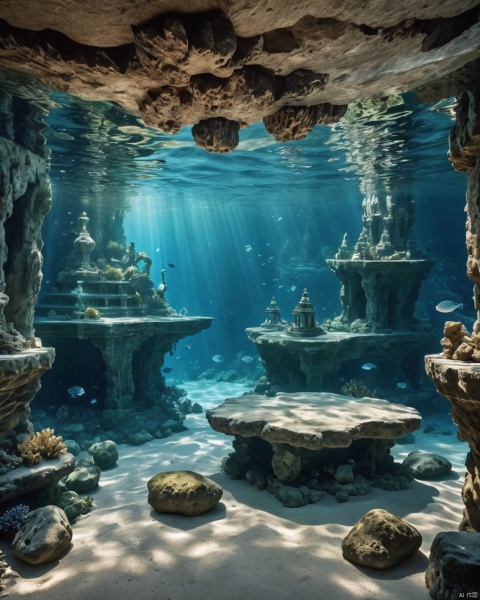 An underwater world revealing the mysteries of a hidden cave in depths, with intricate stone floors and detailed glasswork detailing. Capturing dramatic depth immersion using dynamic lighting filters as textures for crystal clear water reflections or soft ambient occlusion filtering to capture deep dives into mystery within an ancient temple amidst serene natural beauty is highly recommended , 2000s vintage RAW photo, photorealistic, film grain, candid camera, color graded cinematic, eye catchlights, atmospheric lighting, imperfections, natural, shallow dof, High level of detail to create a photographic-like image, focusing on lighting, realistic textures, hyperdetailed.