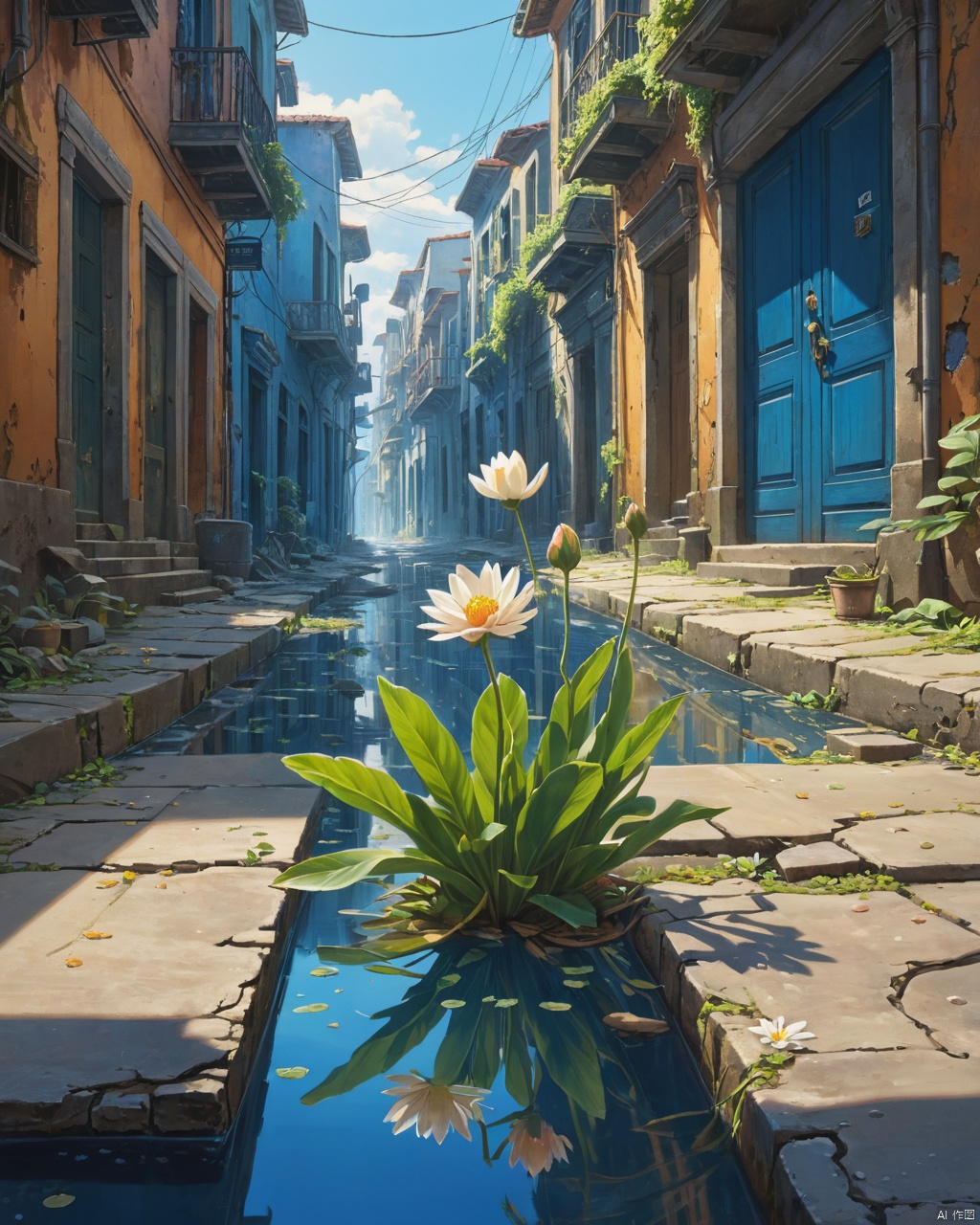 focus on small flower on the street, in ruined, abandoned citycity underwater, blue atmosphere, rays of light shining through, highly detailed oil painting, unreal 5 render, rhads, Bruce Pennington, Studio Ghibli, tim hildebrandt, digital art, octane render, beautiful composition, trending on artstation, award-winning photograph, masterpiece  <lora:add-detail-xl:1