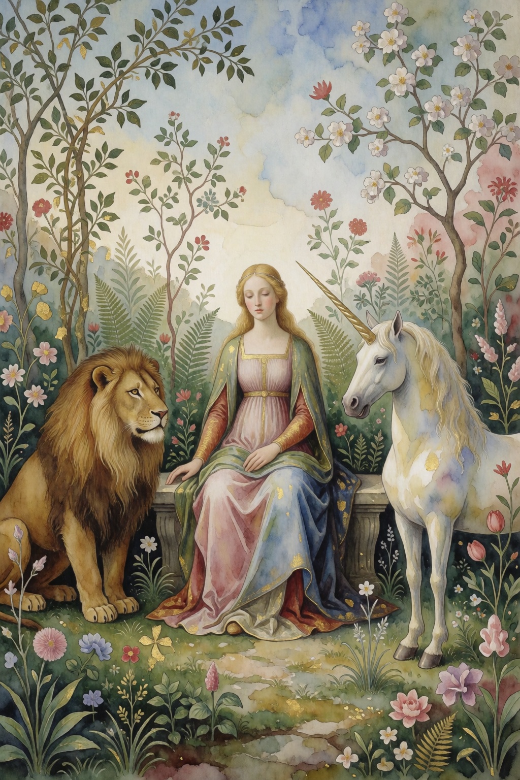 With The Lady and the Unicorn as main theme,  a illustration depicts a scene in a botanical garden. A blonde lady sits in...