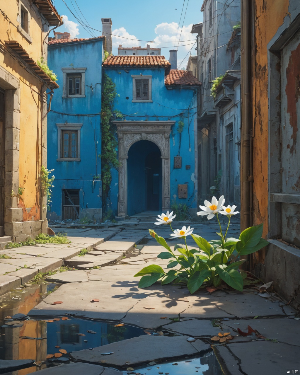 focus on small flower on the street, in ruined, abandoned citycity underwater, blue atmosphere, rays of light shining through, highly detailed oil painting, unreal 5 render, rhads, Bruce Pennington, Studio Ghibli, tim hildebrandt, digital art, octane render, beautiful composition, trending on artstation, award-winning photograph, masterpiece  <lora:add-detail-xl:1