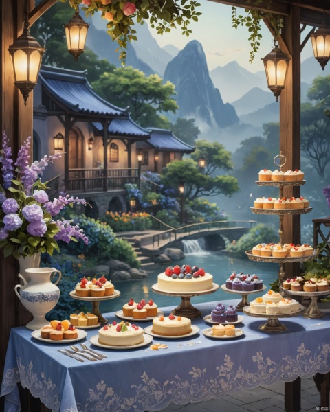An ethereal fantasy concept art of a cakewalk, where the boundaries between worlds blur and end in dramatic contrasts. The foreground features an intricately designed pale palette, blending shades of indigo with violet, reflecting off tranquil peaks nestled amidst lush greenery and vibrant flowers. A rustic yet elegant table laden with delectable treats stands beside a food stand, its , 2000s vintage RAW photo, photorealistic, film grain, candid camera, color graded cinematic, eye catchlights, atmospheric lighting, imperfections, natural, shallow dof, High level of detail to create a photographic-like image, focusing on lighting, realistic textures, hyperdetailed.