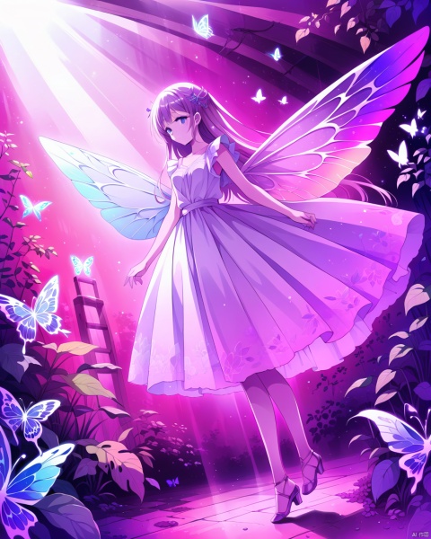 masterpiece, best quality, (Anime:1.4), (((ghost standing in beam of light))), under column of rainbow butterflies, painted in style of Tomer Hanuka, insane amount of detail, dreamy iridescent flair, naturalistic elements, neon textures, dynamic lighting, rich color gradients, intricate patterns on butterflies, iridescent wings, ethereal atmosphere, lush foliage, surreal environment, delicate interplay of light and shadow, dream-like quality, Hanuka-inspired stylization, natural beauty enhanced 