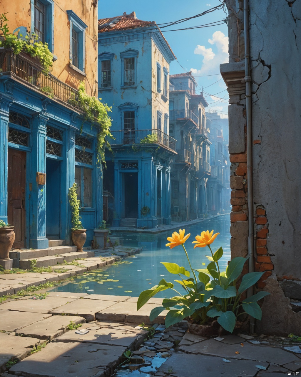 focus on small flower on the street, in ruined, abandoned citycity underwater, blue atmosphere, rays of light shining through, highly detailed oil painting, unreal 5 render, rhads, Bruce Pennington, Studio Ghibli, tim hildebrandt, digital art, octane render, beautiful composition, trending on artstation, award-winning photograph, masterpiece  <lora:add-detail-xl:1