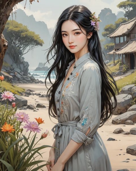 full length over the shoulder image of a 50 years old lady with long black hair and a lustful smile on her face, alluring pose, wearing a long button-up linen dress, pov, realistic, dutch pose, (2\3 rule composition:0.5)masterpiece,detailed hyperrealism, grainyperfecteyes, pureerosface_v1, woman, pov, perfecteyes, realistic,Craig Mullins,Jon Burgerman,geof darrow,jean-baptiste monge style , art by android jones,8k, (art style of and Bahgat Osman:1.2), Luis Royo, Carne Griffiths, Todd McFarlane, wonderful pastel colored Utopia by by android jones,8k, Andy Kehoe,Yoshikata Amano, Ismail Inceoglu, Russ Mills, Victo Ngai, Bella Kotak, intricately hyperdetailed, light reflection, luminous color,,grass,sand and stones on the ground,(small debris, stones, and flowers:1.1),clear sky,, blurred smokey background of a fairy-tale fantasy landscape,volumetric fog,smoke,haze,rust,epic,shallow depth of field,very detailed,glow effects,Hand drawn,render,8k,octane render,cinema 4d,blender,dark,atmospheric 8k ultra detailed,cinematic,Sharp focus,Masterpiece,3d octane render,8k,concept art,trending on artstation,extremely detailed CG unity 8k wallpaper,trending on CGSociety,Intricate,High Detail,dramatic