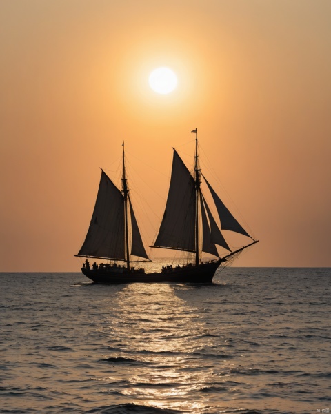 Tiny medieaval sailing vessel on the ocean, sunset, rim light, back lit, silhouette, in the style of Caspar David Friedrich