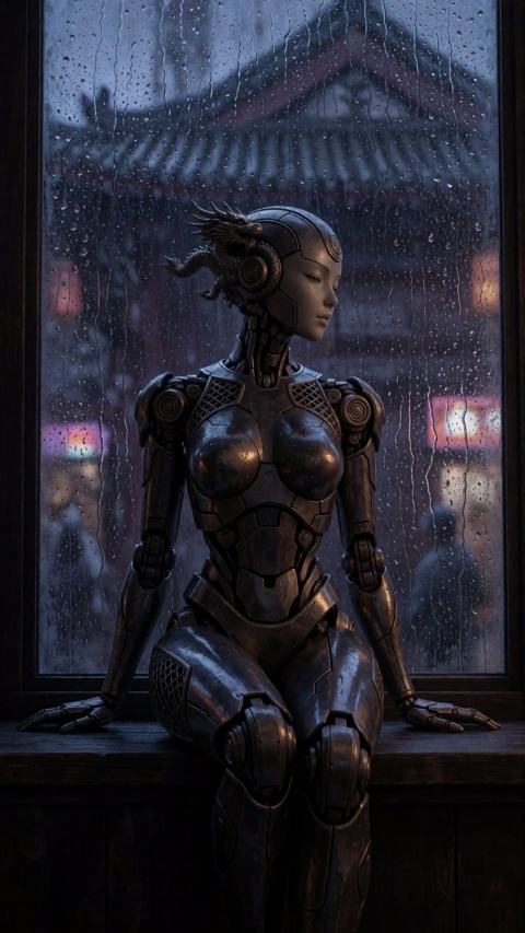 Dark tones, fantasy art, professional digital works. High quality, masterpiece level, movie-level texture, incorporating Chinese elements, a lonely sexy female robot companion in stockings, sitting by the window, it is raining outside the window.
