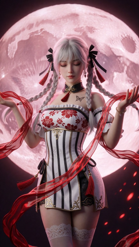 Dark tones, fantasy art, professional digital works. High quality, masterpiece level, movie-level texture, incorporating Chinese elements, a young woman with light silver hair in double braids, each braid decorated with black ribbons and red tassels, standing in the center of a huge and bright pink moon. Her eyes are closed or half-closed, and she gently extends her arms outward, holding a swirling translucent red ribbon that flows around her like living tendrils, giving her a serene, almost ethereal expression. She wore a white corset-style dress with black vertical stripes and gold trim, with a red floral pattern decorating the bodice and ruffled sleeves; the skirt was short, revealing lace-trimmed thigh-high stockings. Her accessories include small earrings, a dainty bracelet on her right wrist, and a butterfly-shaped tattoo or badge on her left collarbone. The background is dominated by an oversized pink moon, which casts a soft diffuse light with subtle shadows that enhance depth; scattered red glowing particles float in the lower right corner. The camera captures her figure and the dynamic movement of the ribbon from eye level, while the composition focuses on her face and upper body against a bright celestial background.