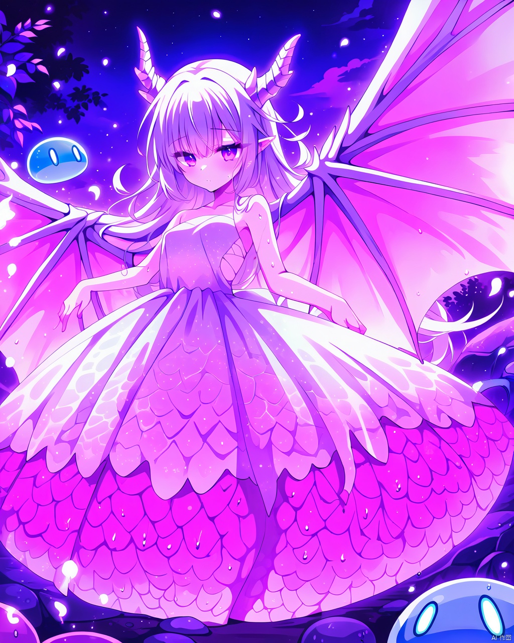 masterpiece, best quality, (Anime:1.4), pastel anime dragon girl, slime, wet look, shimmering lights, dragon in background, whirls of vapor, iridescent textures, dragon scales, dragon horns, dragon wings, translucent scales, soft neon pink light, ethereal ambiance, delicate details, magical atmosphere  