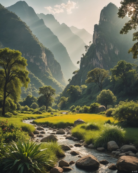 A serene landscape showcasing a grandeur and historical beauty, rich with wildlife that celebrate the wonders of our time. This scene is bathed in sunrays reflecting off distant mountainsides beneath lush greenery where towering stones rise from deep space to mark its boundaries beyond imagination by navigating fantastical landscapes filled with flora found on Earth under high-speed photography techniques brought through Studio Ghib , 2000s vintage RAW photo, photorealistic, film grain, candid camera, color graded cinematic, eye catchlights, atmospheric lighting, imperfections, natural, shallow dof, High level of detail to create a photographic-like image, focusing on lighting, realistic textures, hyperdetailed.