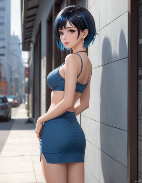 semi realistic, 
1girl, small tight ass, narrow hips, skinny, large breasts, teardrop_boobs, tiny waist, narrow hips, petite, small body, waiting, black hair mixed with blue, two-tone hair color, short hair, piercings, earrings, 
tank top, cleavage, navel, mid-riff, 
looking at you, smug, cleavage, pencil skirt, relaxed pose, side view, leaning against the wall, 
city,