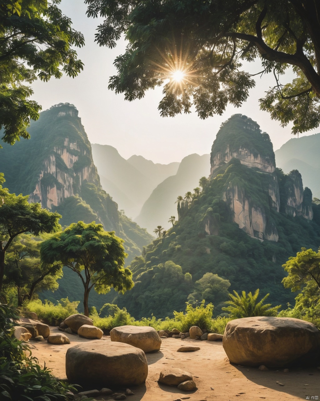 A serene landscape showcasing a grandeur and historical beauty, rich with wildlife that celebrate the wonders of our time. This scene is bathed in sunrays reflecting off distant mountainsides beneath lush greenery where towering stones rise from deep space to mark its boundaries beyond imagination by navigating fantastical landscapes filled with flora found on Earth under high-speed photography techniques brought through Studio Ghib , 2000s vintage RAW photo, photorealistic, film grain, candid camera, color graded cinematic, eye catchlights, atmospheric lighting, imperfections, natural, shallow dof, High level of detail to create a photographic-like image, focusing on lighting, realistic textures, hyperdetailed.