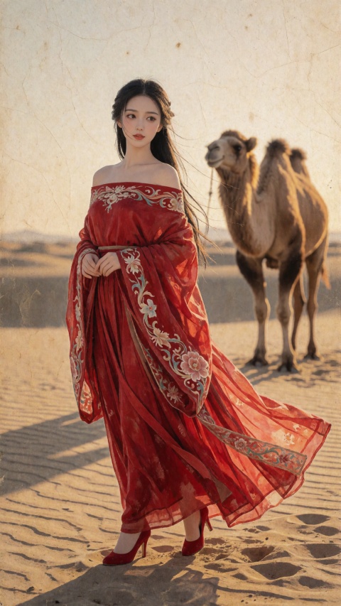 This is a traditional Chinese ink painting in the gongbi style, drawn on old rice paper. The colors use soft mineral pigments. A beautiful young East Asian woman,
Realistic photo of a young woman with long hair, fair skin, big breasts, off-shoulder pattern red silk Hanfu, long legs, red high heels, full body, desert, (camel),