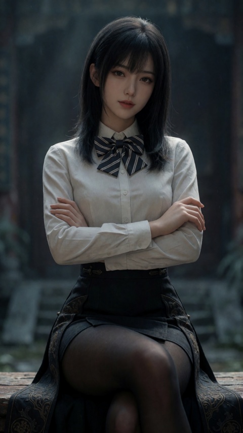 Dark tones, fantasy art, professional digital works. High quality, masterpiece level, movie-level texture, incorporating Chinese elements. A young woman crosses her legs, holds her arms across her chest, and looks directly at the camera calmly and slightly distantly. She has shoulder-length straight black hair with bangs. She wore a slim-fitting white button-down shirt, a striped bow tie, a high-waisted dark miniskirt and sheer black pantyhose. The shirt was matte cotton, the skirt was stylish, and the stockings were made of translucent nylon.