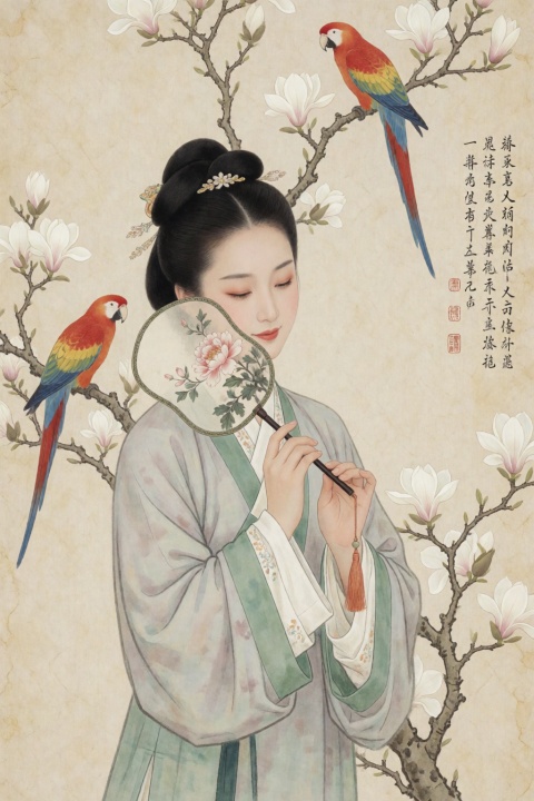 Fantasy art, professional digital works. High quality, masterpiece level, movie-level texture, incorporating Chinese elements, Chinese style fine brushwork silk portrait, gentle oriental classical woman, elegant light gray and green cross-collar Song Dynasty Hanfu, black and simple ancient-style hanging bun, holding painted flower fan in both hands lightly on the cheek, lowering her eyes and smiling softly; background The texture of light beige rice paper with yellowing, white magnolia branches stretching up and down, two brightly colored parrots on the branches, graceful vertical Song lyrics and small characters with red seals on the right side, soft flat-painted gongbi coloring, low saturation Morandi light tone, fine texture of rice paper particles, quiet lovesickness atmosphere, 8K High definition, film soft focus, no unnecessary debris, Chinese style blank composition