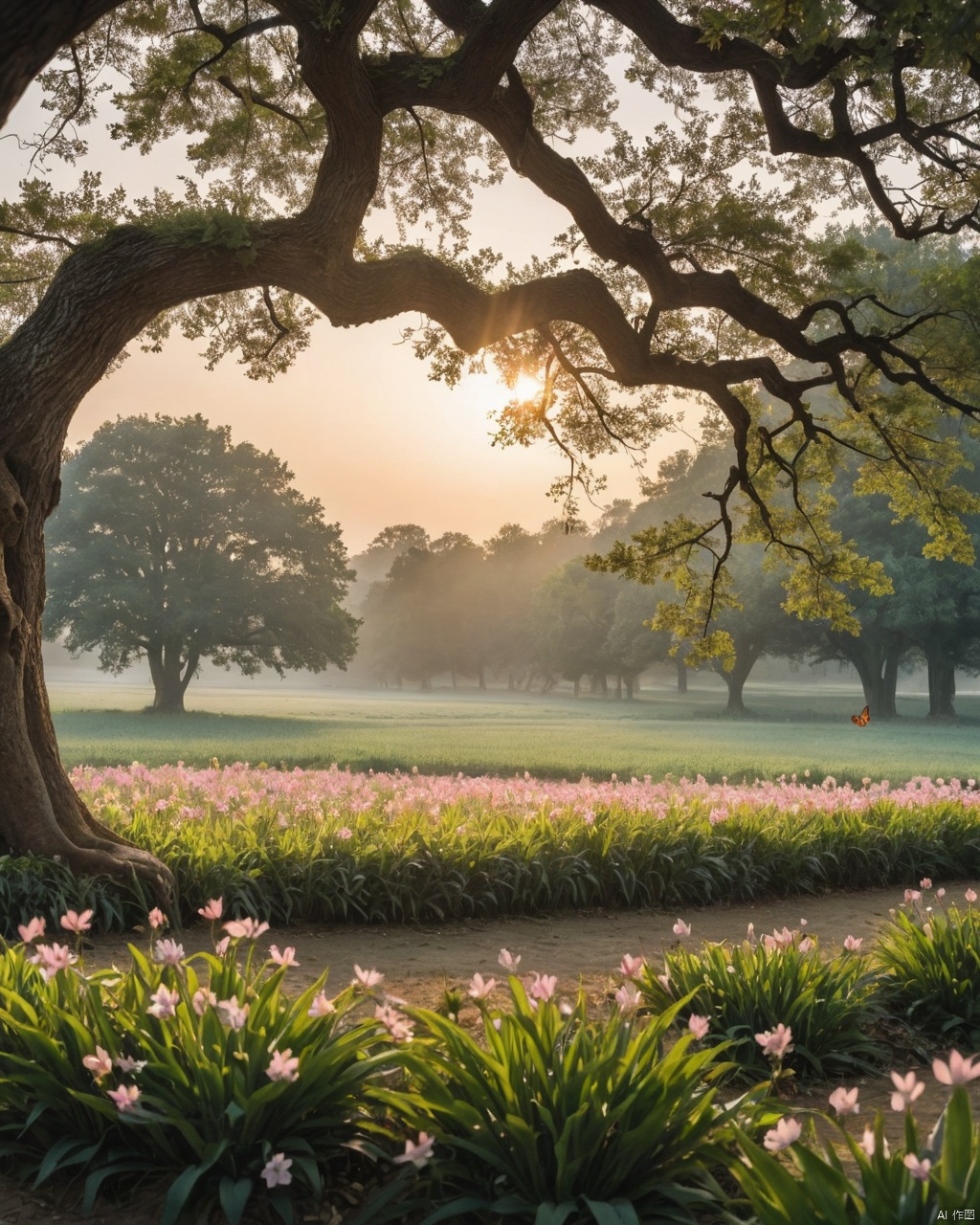 A iren song in bloom at the dawn, a peaceful scene where people dance with respect as they gather under trees before sunrise. The imagery is festive and inviting: butterflies fluttering freely around flowers arranged on ornamental leaves of delicate oak petals or plants glowing brightly through windows reminiscent perhaps to fairy tales sung by monks during their early years that symbolize peace within life itself for , 2000s vintage RAW photo, photorealistic, film grain, candid camera, color graded cinematic, eye catchlights, atmospheric lighting, imperfections, natural, shallow dof, High level of detail to create a photographic-like image, focusing on lighting, realistic textures, hyperdetailed.