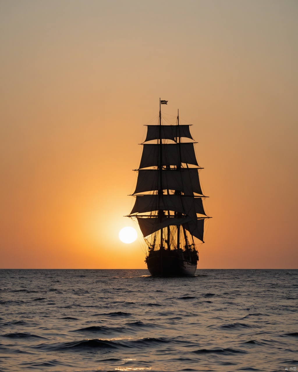 Tiny medieaval sailing vessel on the ocean, sunset, rim light, back lit, silhouette, in the style of Caspar David Friedrich