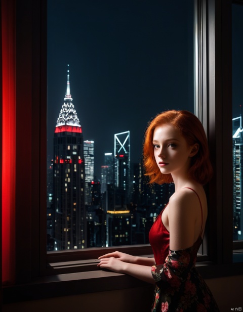  redhead girl,dark room,night,dim window light,skyscrapers out the window,low light,dramatic lighting,darkness,neon,spotlight,red light,window lighting,reflection,, cinematic,(perfect lighting),bloom,masterpiece,best quality,highly detailed,high dynamic range,contrast,high sharpness,