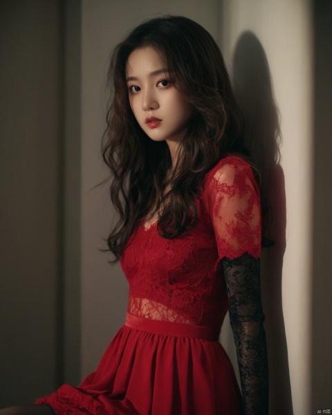 1girl,sad,red sheer dress,red high heels,black pantyhose ,torn pantyhose,eyes focus,long hair,curly hair,wavy hair,lace gloves,(film grain:1.3),night,dim light,dark room,shadow,candlelight,retro artstyle,soft light,asian girl