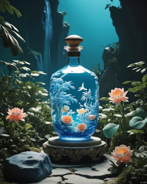 (Masterpiece, High Quality, Best Quality, Official Art, Aesthetic and Aesthetics: 1.2), Carving, Product Photography, (Glass Bottle Surrounded by Jade Landscape: 1.2), Ceramic Carved Glass Bottle, Transparent Water, Chinese 3D Landscape Painting Background, (Complex Carved Background), Chinese Song Dynasty Landscape Painting, Blue Theme, Surrealist Dream Style, Organic Fluids, Light Tracing, Colorful Flowers, Flower Foreground Occlusion, Natural Light, Jungle, c4d, OC rendering,