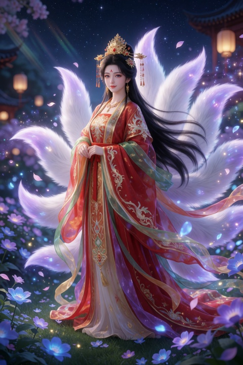 
masterpiece, best quality, ultra-detailed, 8k, cinematic lighting, soft dreamy glow,(nine fluffy fox tails:1.3), glowing fox tails, ethereal aura,(soft dreamy glow:1.3), magical light particles, lens flare, starry sky,(luxurious red and gold hanfu:1.2), intricate embroidery, translucent fabric, flowing ribbons,(night garden with glowing flowers:1.2), floating petals, traditional Chinese lanterns,
1girl, solo, ancient Chinese fox spirit goddess, elegant and ethereal expression, gentle smile,
long flowing black hair, elaborate golden headdress with tassels, red forehead mark,
luxurious traditional hanfu in red and gold, intricate embroidery, translucent fabric with flowing ribbons in green and purple,
nine large fluffy white fox tails behind her, tails glowing with soft purple light,
standing in a night garden, surrounded by glowing blue and purple flowers, floating petals and sparkles, starry night sky background, distant lanterns and traditional Chinese architecture,
soft bokeh background, magical light particles, lens flare, soft focus,
dreamy and divine atmosphere, cinematic composition, semi-realistic anime style, rich and vibrant colors, sharp focus on the character, depth of field,asian inspire,
